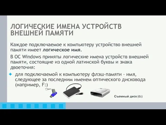 ЛОГИЧЕСКИЕ ИМЕНА УСТРОЙСТВ ВНЕШНЕЙ ПАМЯТИ Каждое подключаемое к компьютеру устройство