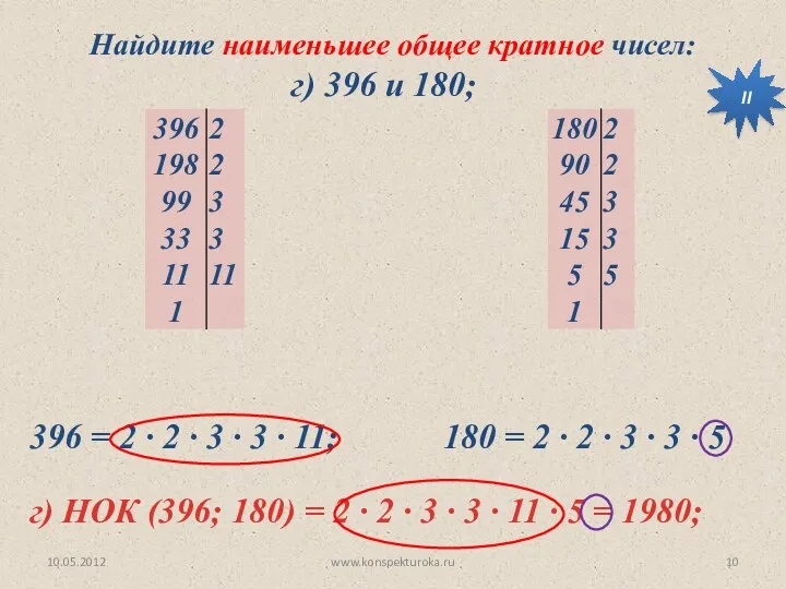 10.05.2012 www.konspekturoka.ru Найдите наименьшее общее кратное чисел: г) 396 и 180; г) НОК