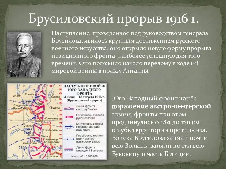 Брусиловский прорыв 1916 г. Юго-Западный фронт нанёс поражение австро-венгерской армии,