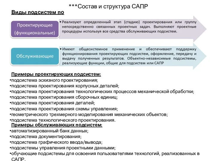 ***Состав и структура САПР Виды подсистем по назначению: Примеры проектирующих