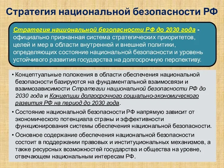 Стратегия национальной безопасности РФ Концептуальные положения в области обеспечения национальной