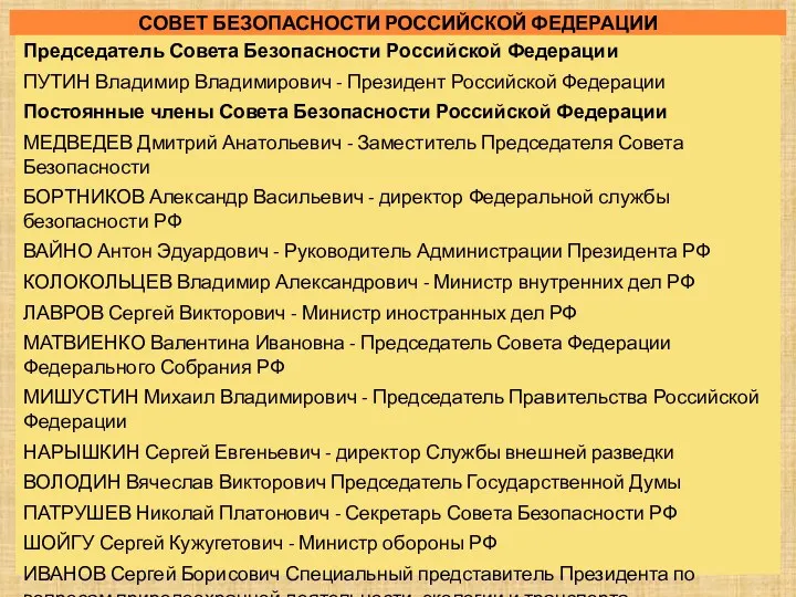 СОВЕТ БЕЗОПАСНОСТИ РОССИЙСКОЙ ФЕДЕРАЦИИ Председатель Совета Безопасности Российской Федерации ПУТИН