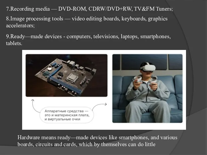 7.Recording media — DVD-ROM, CDRW/DVD+RW, TV&FM Tuners; 8.Image processing tools