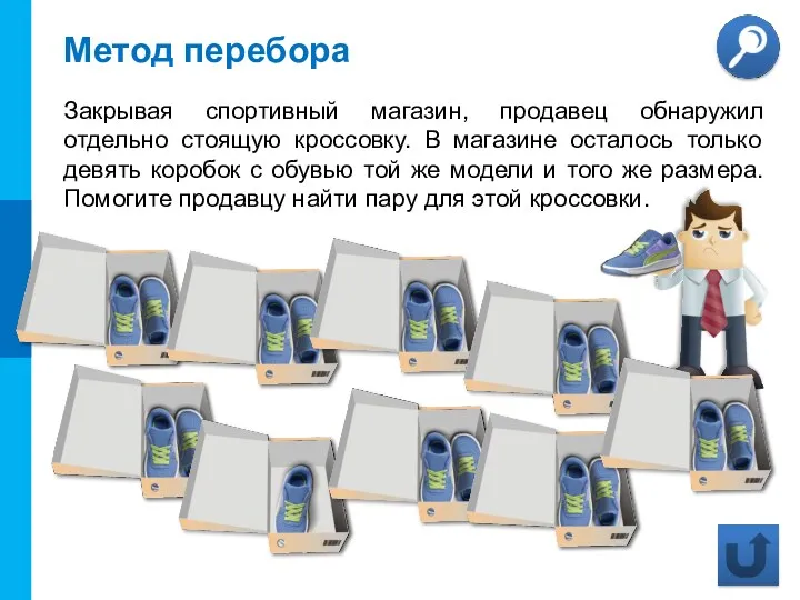 Метод перебора Закрывая спортивный магазин, продавец обнаружил отдельно стоящую кроссовку. В магазине осталось