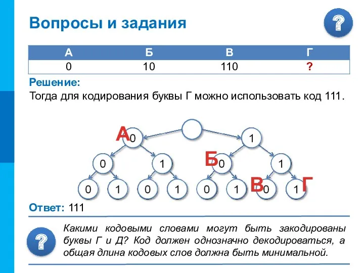 Вопросы и задания Решение: Ответ: 111 Для решения задачи воспользуемся бинарным деревом. Для