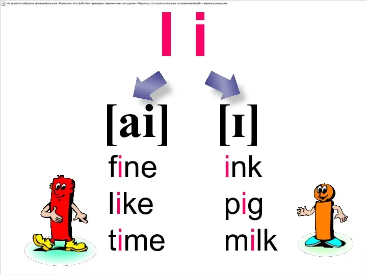 I i [аi] [ɪ] ink pig milk fine like time