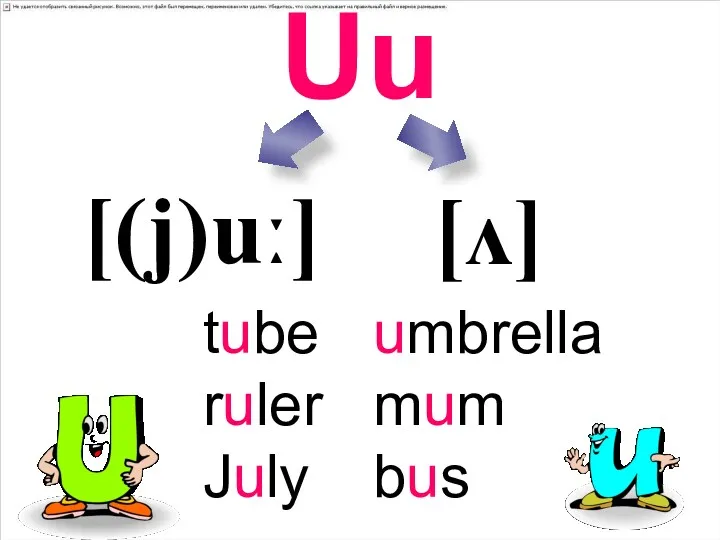 Uu [(j)uː] [ʌ] umbrella mum bus tube ruler July