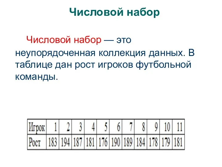 Числовой набор Числовой набор — это неупорядоченная коллекция данных. В таблице дан рост игроков футбольной команды.