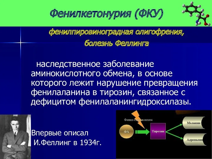 Фенилкетонурия (ФКУ) фенилпировиноградная олигофрения, болезнь Феллинга наследственное заболевание аминокислотного обмена,