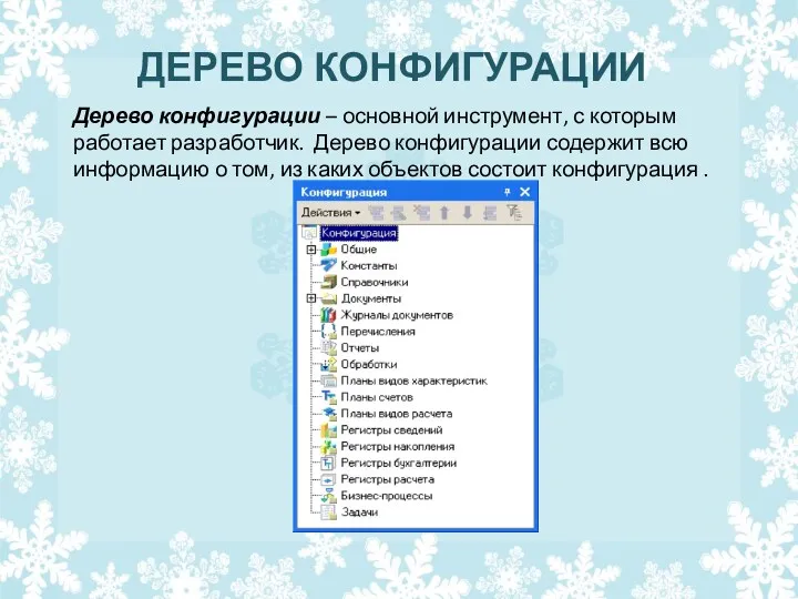 ДЕРЕВО КОНФИГУРАЦИИ Дерево конфигурации – основной инструмент, с которым работает