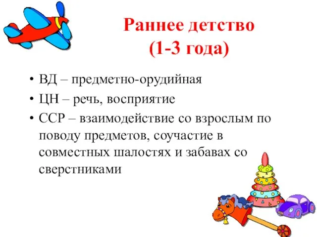 Раннее детство (1-3 года) ВД – предметно-орудийная ЦН – речь, восприятие ССР –