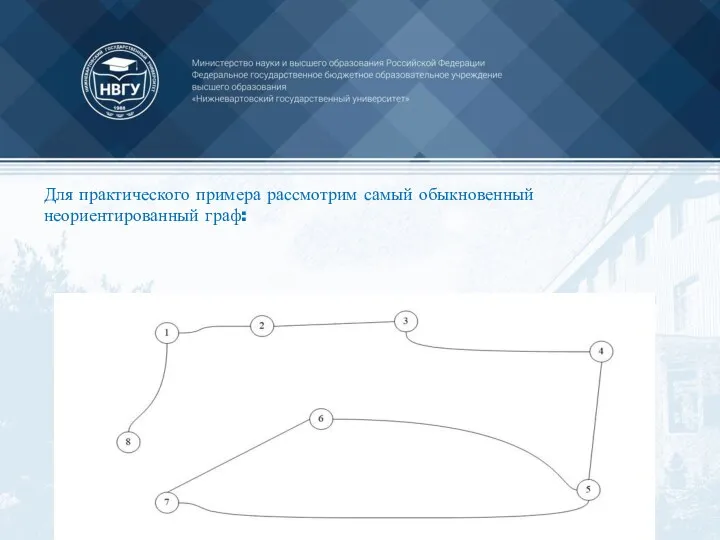 Для практического примера рассмотрим самый обыкновенный неориентированный граф: