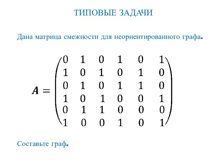 ТИПОВЫЕ ЗАДАЧИ Дана матрица смежности для неориентированного графа. Составьте граф.