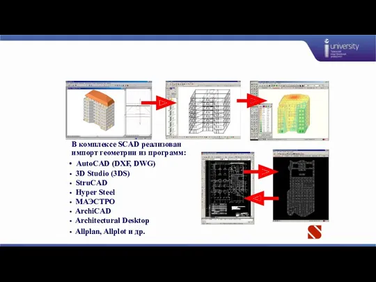 В комплексе SCAD реализован импорт геометрии из программ: AutoCAD (DXF,