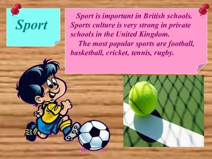 Sport Sport is important in British schools. Sports culture is