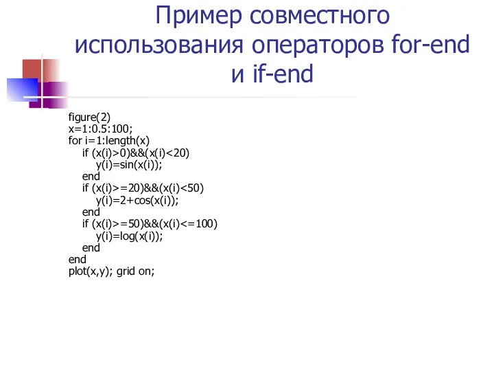 Пример совместного использования операторов for-end и if-end figure(2) x=1:0.5:100; for