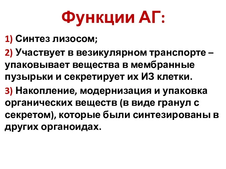 Функции АГ: 1) Синтез лизосом; 2) Участвует в везикулярном транспорте