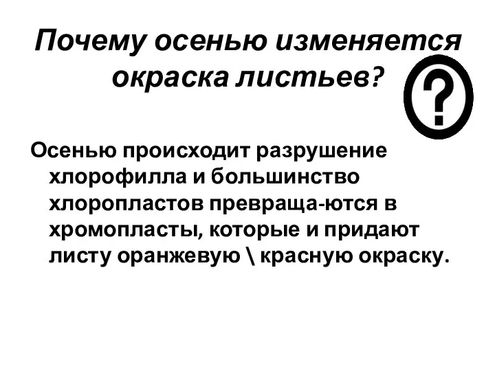 Почему осенью изменяется окраска листьев? Осенью происходит разрушение хлорофилла и