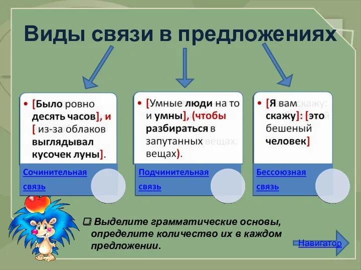 Виды связи в предложениях Выделите грамматические основы, определите количество их в каждом предложении. Навигатор