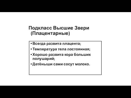 Подкласс Высшие Звери (Плацентарные) Всегда развита плацента; Температура тела постоянная;