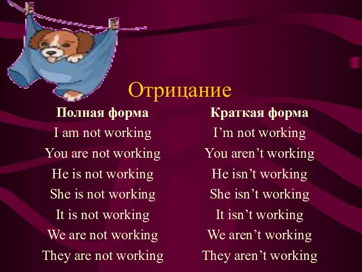 Отрицание Полная форма I am not working You are not