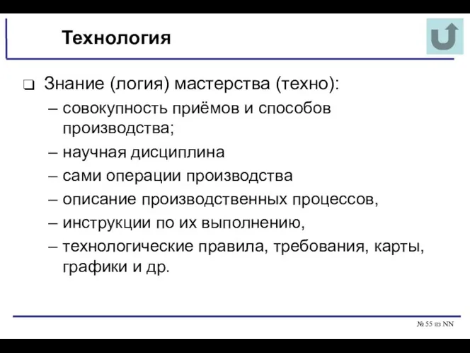 № из NN Технология Знание (логия) мастерства (техно): совокупность приёмов