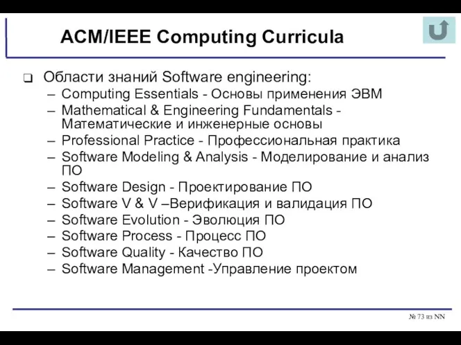 № из NN ACM/IEEE Computing Curricula Области знаний Software engineering: