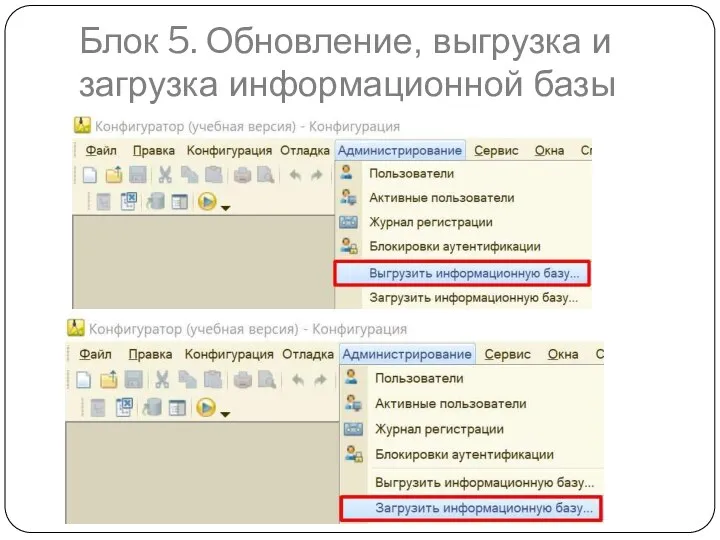 Блок 5. Обновление, выгрузка и загрузка информационной базы