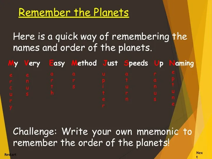 Remember the Planets Here is a quick way of remembering