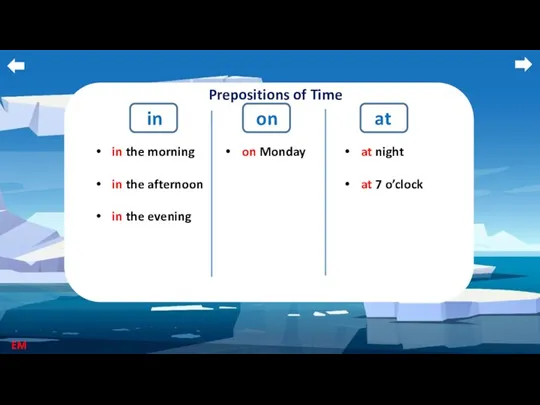 Prepositions of Time in on at in the morning in