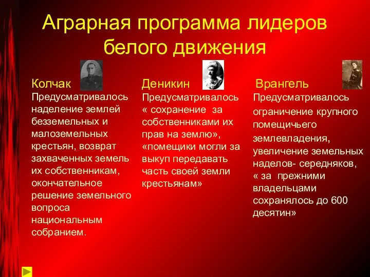 Аграрная программа лидеров белого движения Предусматривалось « сохранение за собственниками