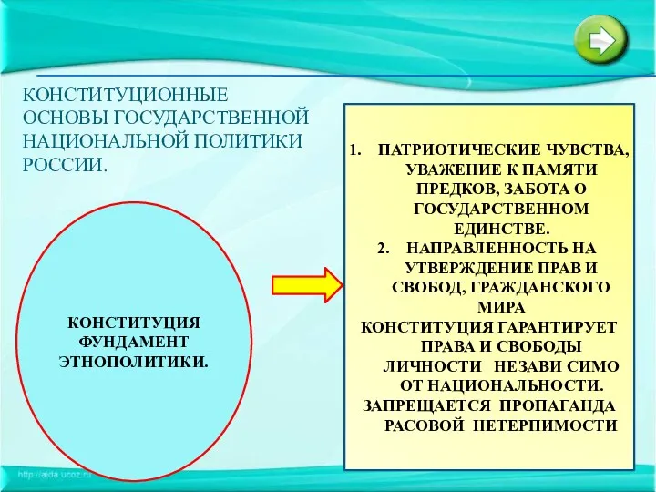 КОНСТИТУЦИОННЫЕ ОСНОВЫ ГОСУДАРСТВЕННОЙ НАЦИОНАЛЬНОЙ ПОЛИТИКИ РОССИИ. КОНСТИТУЦИЯ ФУНДАМЕНТ ЭТНОПОЛИТИКИ. ПАТРИОТИЧЕСКИЕ