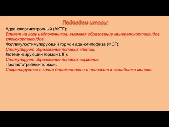 Подведем итоги: Адренокортикотропный (АКТГ): Влияет на кору надпочечников, вызывая образование