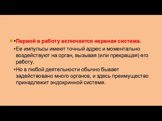 ■ Первой в работу включается нервная система. Ее импульсы имеют