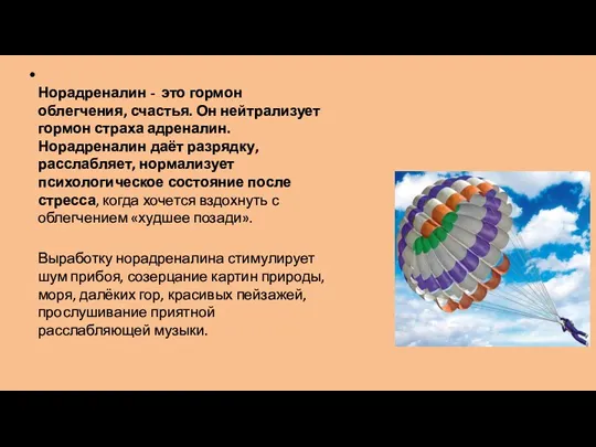 Норадреналин - это гормон облегчения, счастья. Он нейтрализует гормон страха