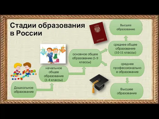 Стадии образования в России Дошкольное образование начальное общее образование (1-4 классы) основное общее