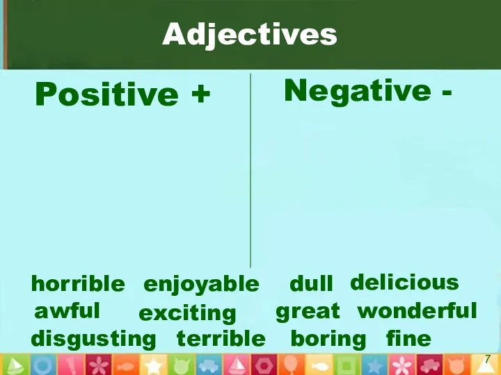 Adjectives great Negative - Positive + awful delicious wonderful enjoyable