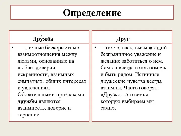 Определение Дру́жба — личные бескорыстные взаимоотношения между людьми, основанные на