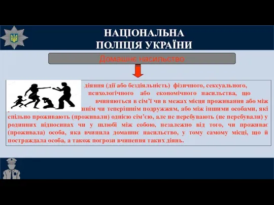 НАЦІОНАЛЬНА ПОЛІЦІЯ УКРАЇНИ Домашнє насильство діяння (дії або бездіяльність) фізичного,