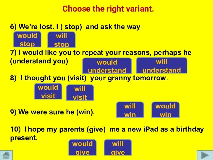 Choose the right variant. 6) We’re lost. I ( stop)