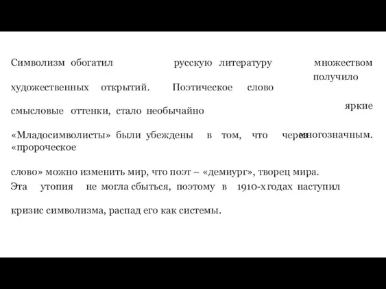 Символизм обогатил художественных открытий. русскую литературу Поэтическое слово множеством получило