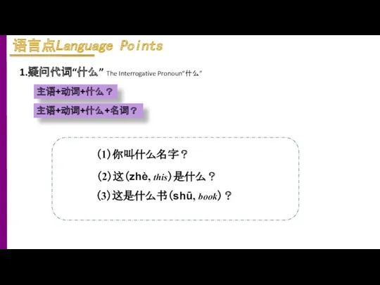 1.疑问代词“什么” The Interrogative Pronoun“什么” 主语+动词+什么？ 主语+动词+什么+名词？ （1）你叫什么名字？ （2）这（zhè, this）是什么？ （3）这是什么书（shū, book）？ 语言点Language Points