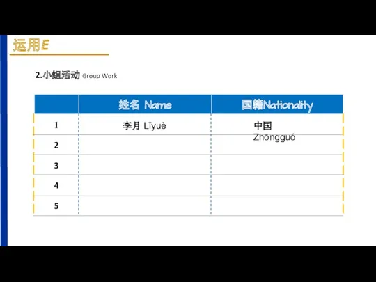 2.小组活动 Group Work 李月 Lǐyuè 中国 Zhōnɡɡuó