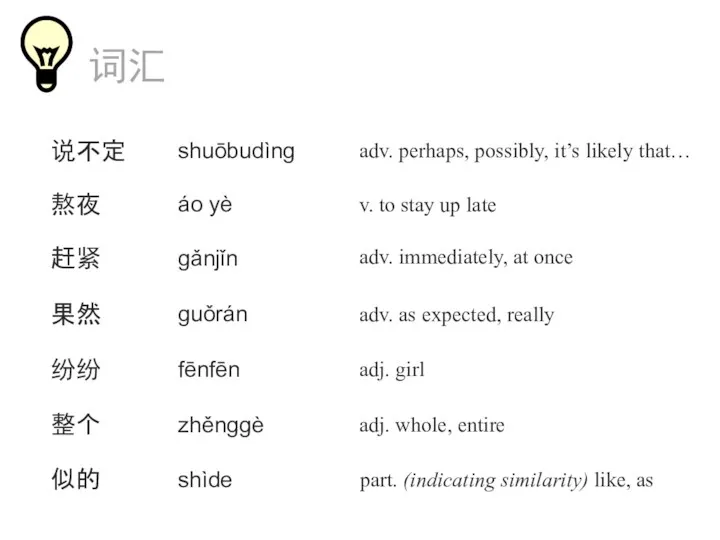 说不定 果然 纷纷 整个 赶紧 shuōbudìng gǎnjǐn guǒrán fēnfēn zhěnggè