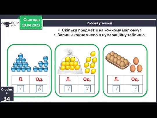 19.04.2023 Сьогодні Робота у зошиті Скільки предметів на кожному малюнку? Запиши кожне число