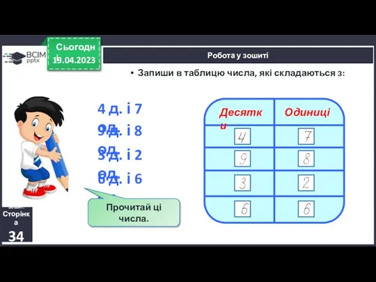 19.04.2023 Сьогодні Робота у зошиті Зошит. Сторінка 34 Запиши в таблицю числа, які