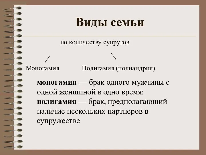 Виды семьи по количеству супругов Моногамия Полигамия (полиандрия) моногамия —