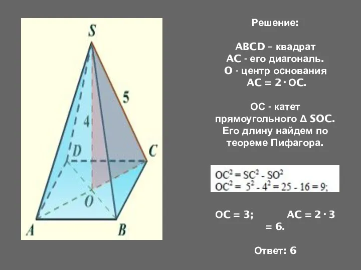 Решение: ABCD – квадрат AC - его диагональ. O -