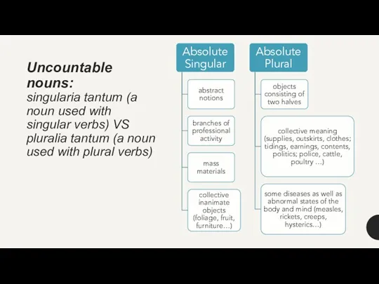 Uncountable nouns: singularia tantum (a noun used with singular verbs)