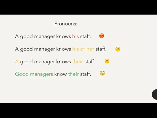 Pronouns: A good manager knows his staff. A good manager